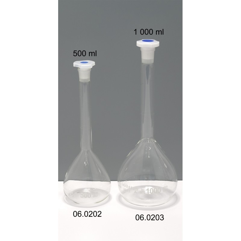 Fiole jaugée en verre (500 ml ou 1 000 ml) avec bouchon en plastique